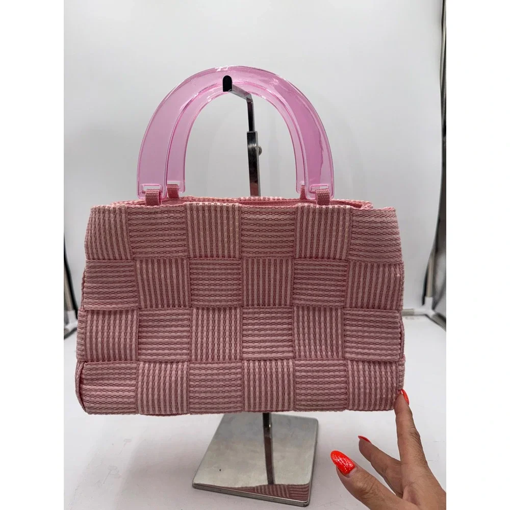 M. & G. Bertini Pink Woven Straw Handbag Made in Italy Acrylic Handles